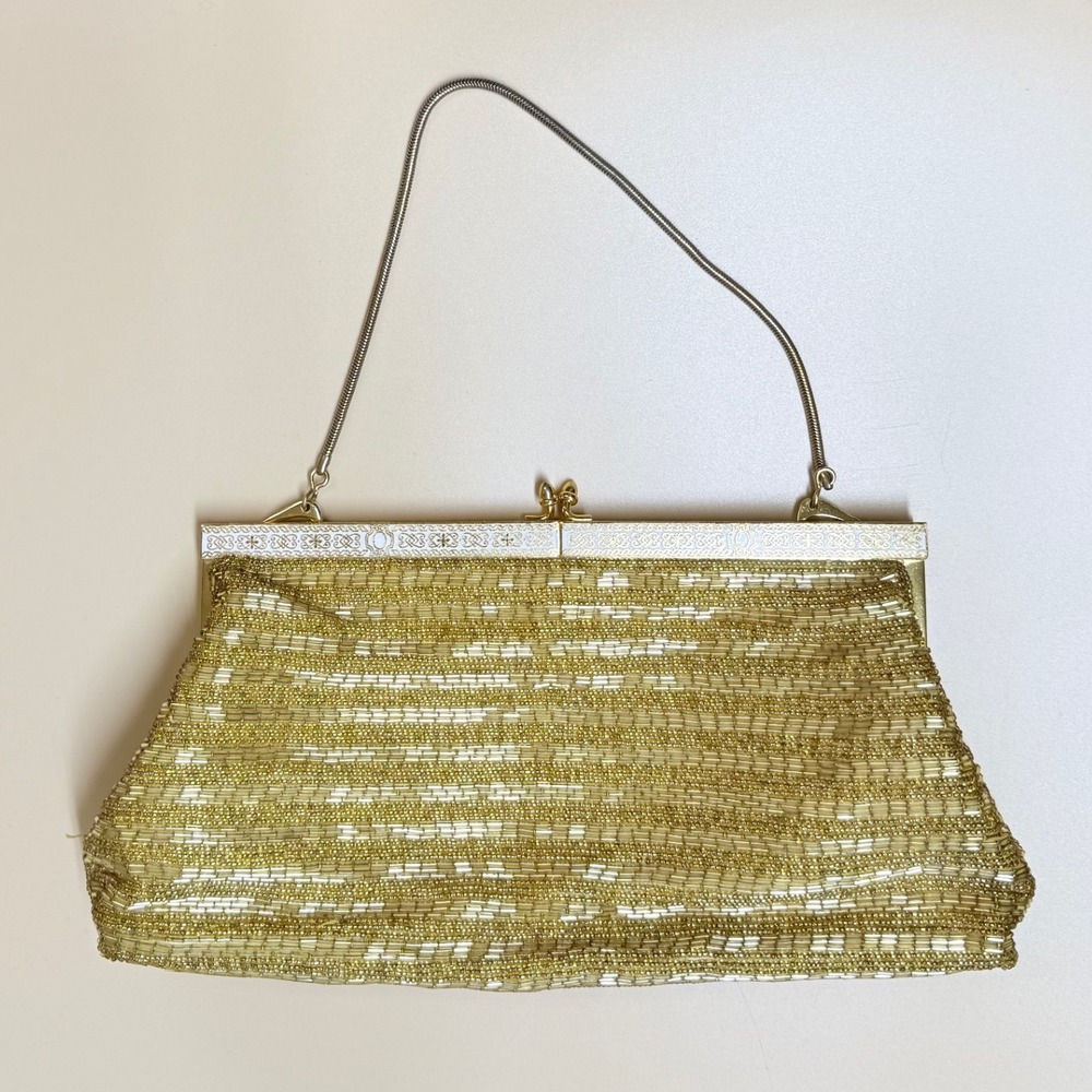 La Regale Vintage Gold Beaded Clutch Hand Made Hong Kong Kiss Lock Evening Bag